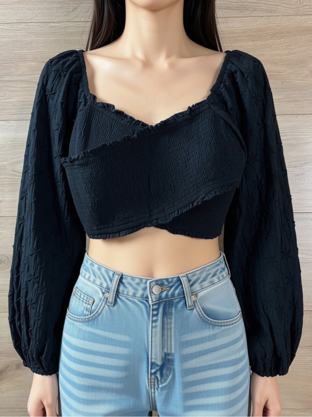 American Eagle Black Long Sleeve Smocked Crop Top Medium